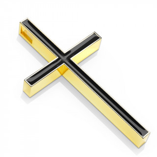 Pendentif croix latine en acier dor et maill noir