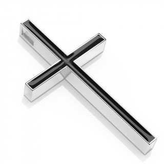 Pendentif croix latine en acier inox et maill noir