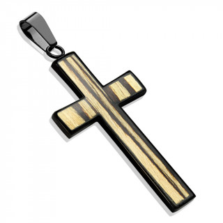 Pendentif croix noire en acier avec placage imitation bois