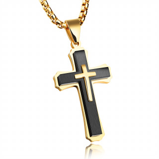 Pendentif croix triple en acier noir et dor