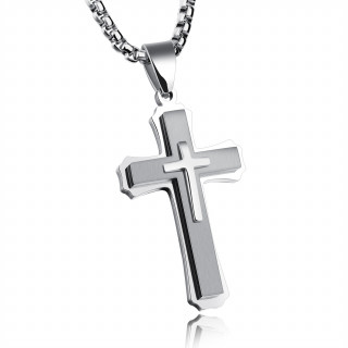Pendentif croix triple en acier poli et brossé