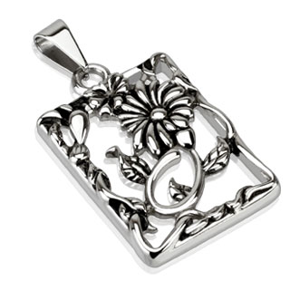 Pendentif femme acier à cadre fleuri avec feuilles