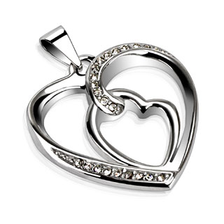 Pendentif femme acier coeur double pav de pierres