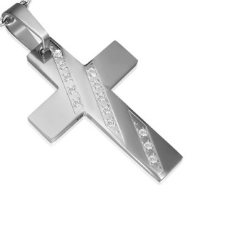 Pendentif femme acier croix  diagonales serties