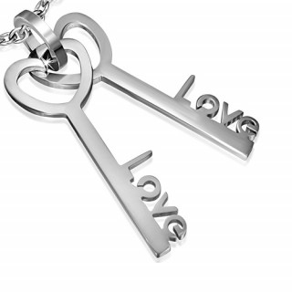 Pendentif femme acier paire de clés à coeur "love"