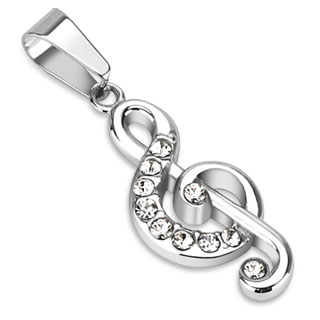 Pendentif femme en acier clé de Sol pavée de pierres