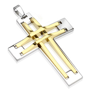 Pendentif homme acier bicolore croix à structure dorée