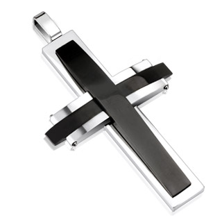 Pendentif homme acier croix arque noire et argente