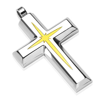 Pendentif homme acier croix avec toile dore au centre