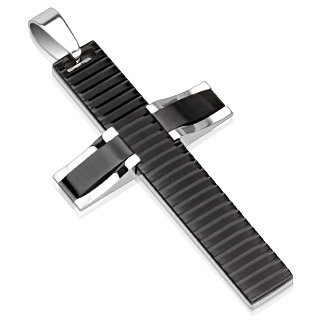 Pendentif homme acier croix bicolore biseaute et rainure