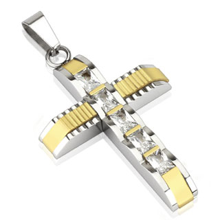 Pendentif homme acier croix bicolore dentele et sertie