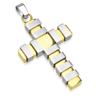 Pendentif homme acier croix dorée à bandelettes argentées