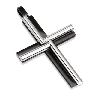 Pendentif homme acier croix noire  tubes argents