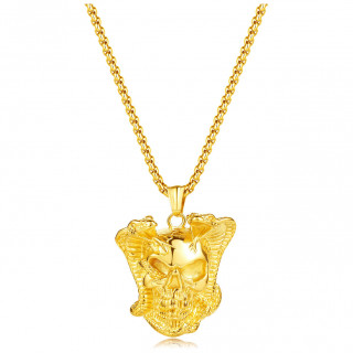 Pendentif homme acier doré tête de mort bordée de deux serpents cobra