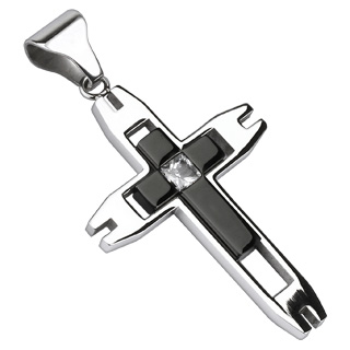 Pendentif homme acier double croix moderne  pierre carre