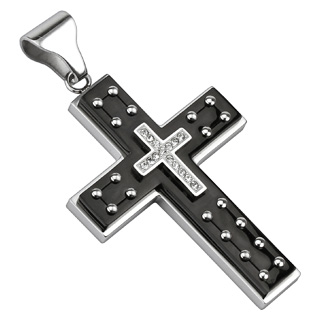 Pendentif homme acier double croix rivete sertie