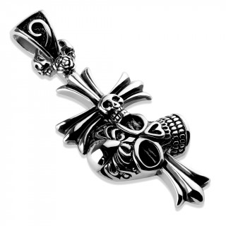 Pendentif homme acier goth-rock  crane travers d'une croix