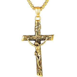 Pendentif homme acier Jesus sur la croix dor