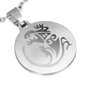 Pendentif homme acier plaque ronde à lézard tribal