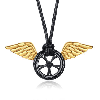 Pendentif homme acier roue de moto  ailes dores