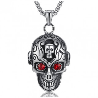 Pendentif homme acier tte de mort  crane sur le front et yeux rouges