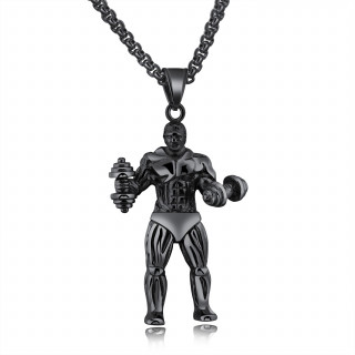 Pendentif homme bodybuilder / culturisme en acier noirci PVD