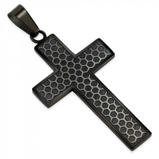 Pendentif homme croix noire en acier  alvoles anthracites