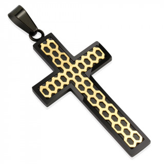 Pendentif homme croix noire en acier à alvéoles dorées