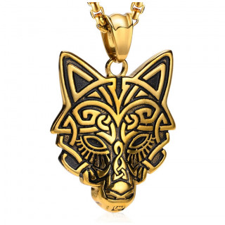 Pendentif homme viking loup de Fenrir doré en acier