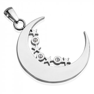 Pendentif lune toile en acier sertie de pierres claires