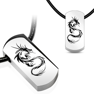 Pendentif plaque acier dragon noir gravé