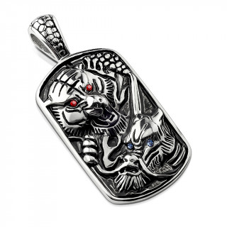 Pendentif plaque acier à tigre et dragon en relief