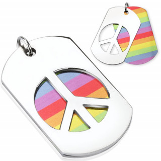 Pendentif plaque avec symbole paix sur arc en ciel