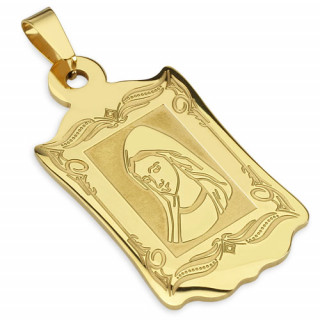 Pendentif plaque en acier dor avec vierge Marie grave