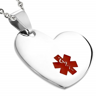 Pendentif plaque en coeur en acier avec croix mdicale rouge
