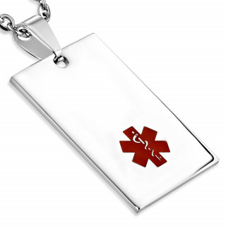Pendentif plaque rectangulaire en acier avec croix mdicale rouge
