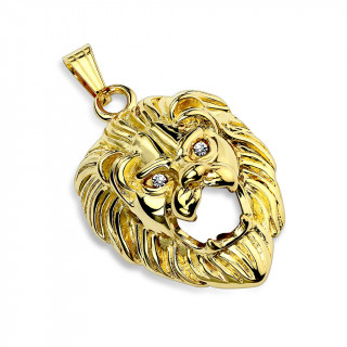 Pendentif tête de lion en acier doré aux yeux sertis
