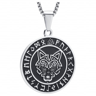 Pendentif viking argenté et noir en acier à loup et runes