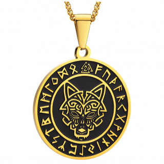 Pendentif viking doré et noir en acier à loup et runes