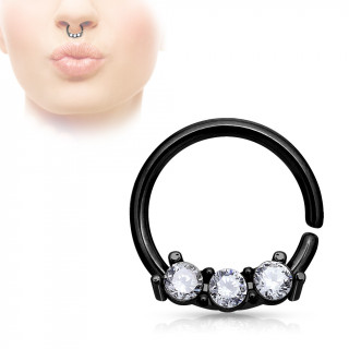 Petit piercing septum pliable noir  trio de strass