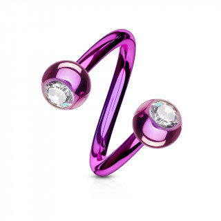 Piercing acier twist titanium IP  strass - Pourpre