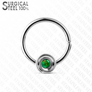 Piercing anneau acier opale verte au centre d'une spirale