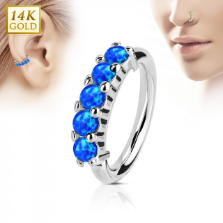 Piercing anneau en or blanc 14k  couronne d'Opales bleues