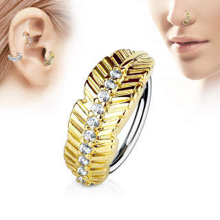 Piercing anneau feuille dorée sertie de strass (nez, cartilage)