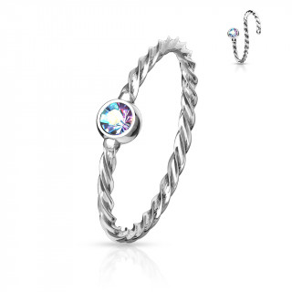 Piercing anneau fin acier torsad  cristal aurore borale - Inox