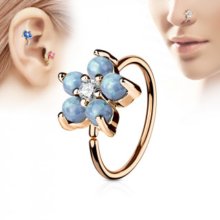 Piercing anneau nez / cartilage cuivr  fleur d'opales aqua et strass
