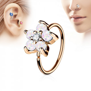 Piercing anneau nez / cartilage cuivré à fleur d'opales blanches et strass