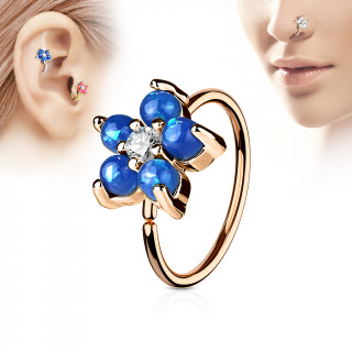 Piercing anneau nez / cartilage cuivr  fleur d'opales bleues et strass