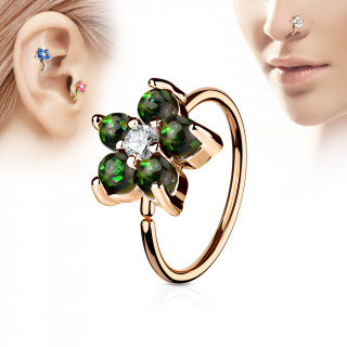 Piercing anneau nez / cartilage cuivr  fleur d'opales vert fonc et strass