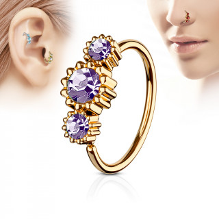 Piercing anneau nez / cartilage cuivr  trio de soleils  strass - Violet tanzanite